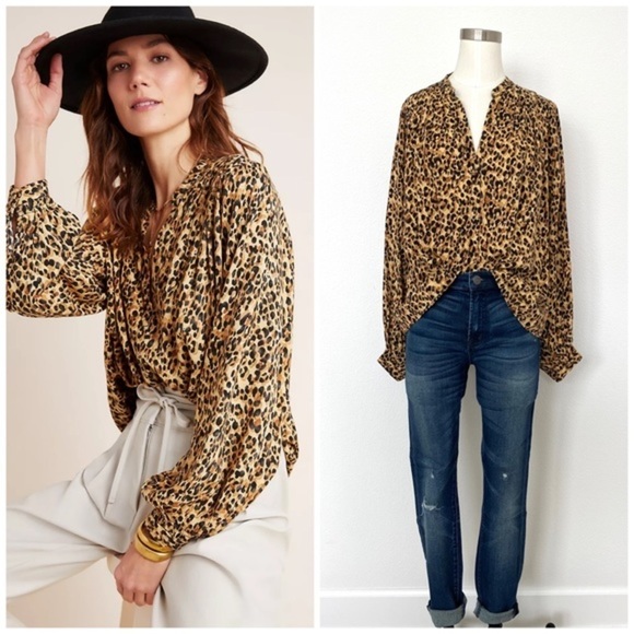 Anthropologie Tops - nwt ANTHROPOLOGIE marla leopard long sleeve blouse animal print size x-small